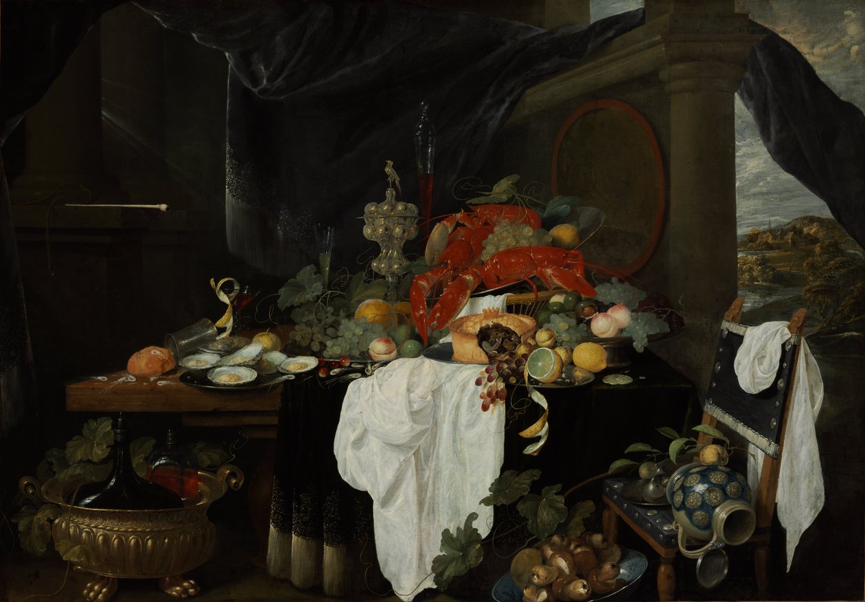 Een Pronkstilleven met fruit, oesters en kreeften door Andries Benedetti