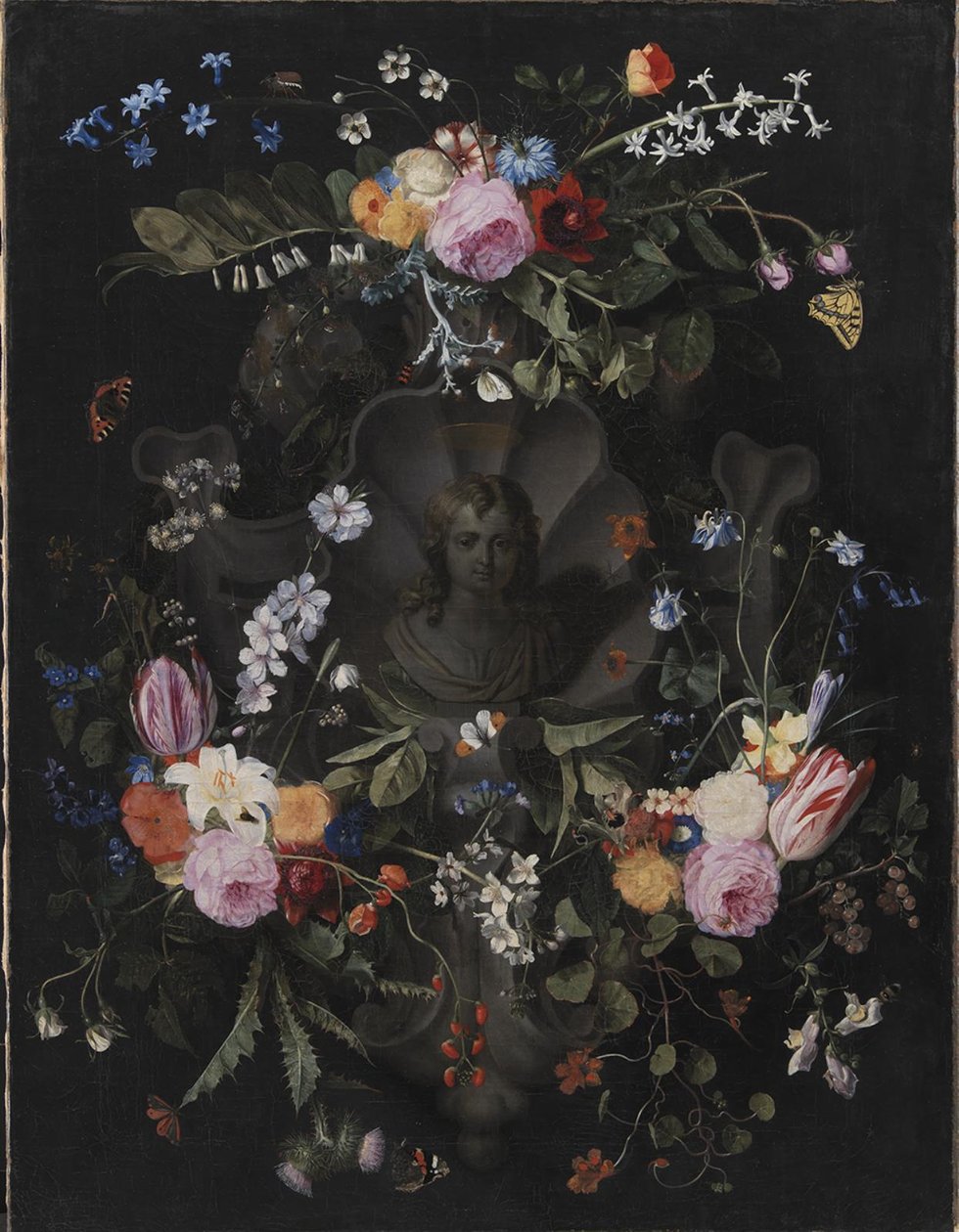 Cartouche met buste van Christus omringd door een bloemenkrans door Andries Bosman