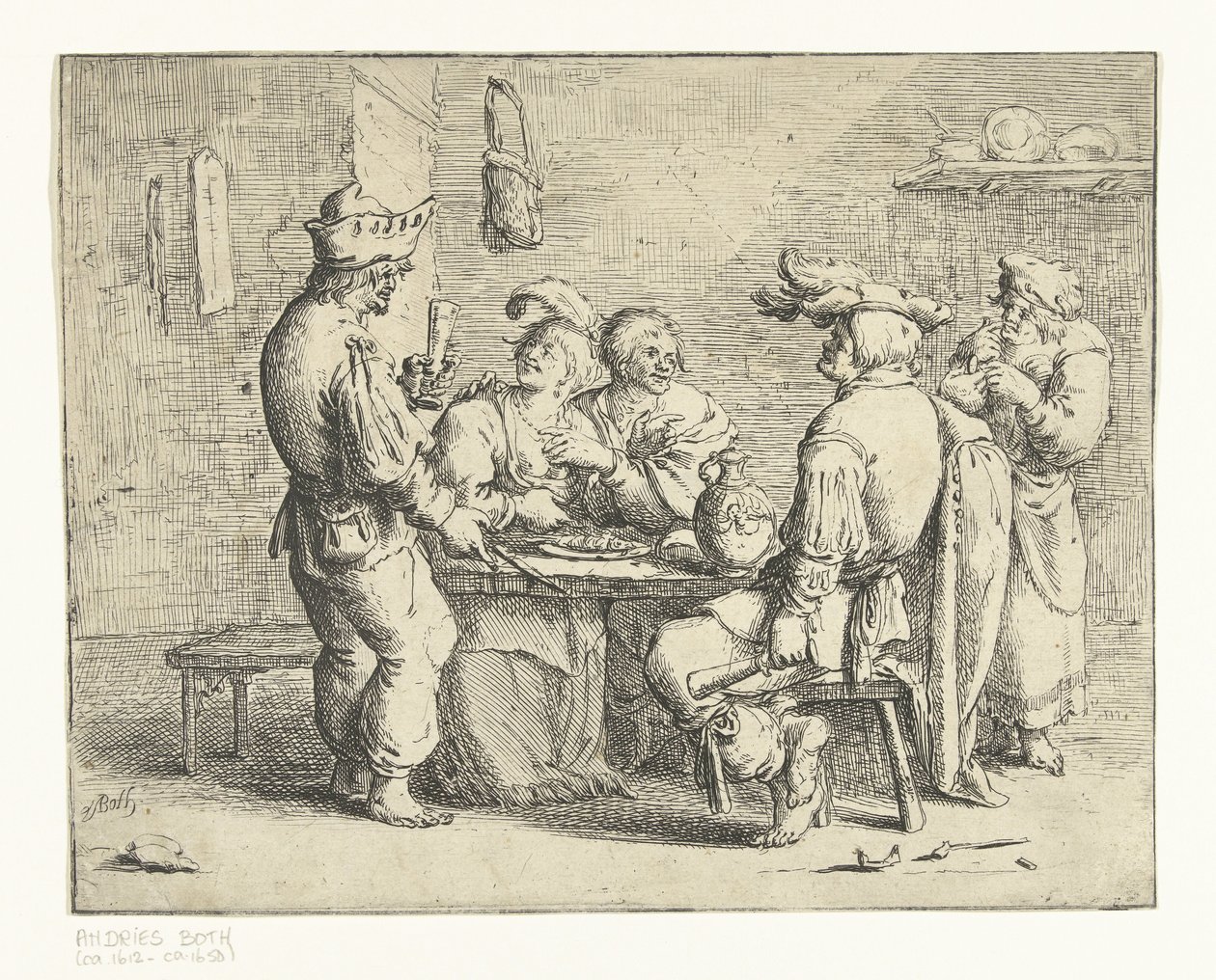 Drie boeren en een vrouw aan een tafel in een bordeel door Andries Both