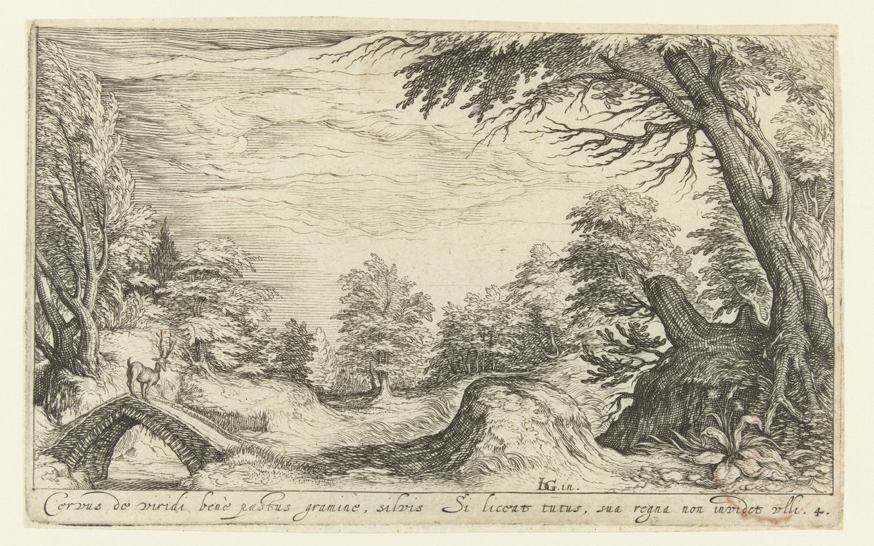 Landschap met een hert op een brug door Andries Jacobsz. Stock