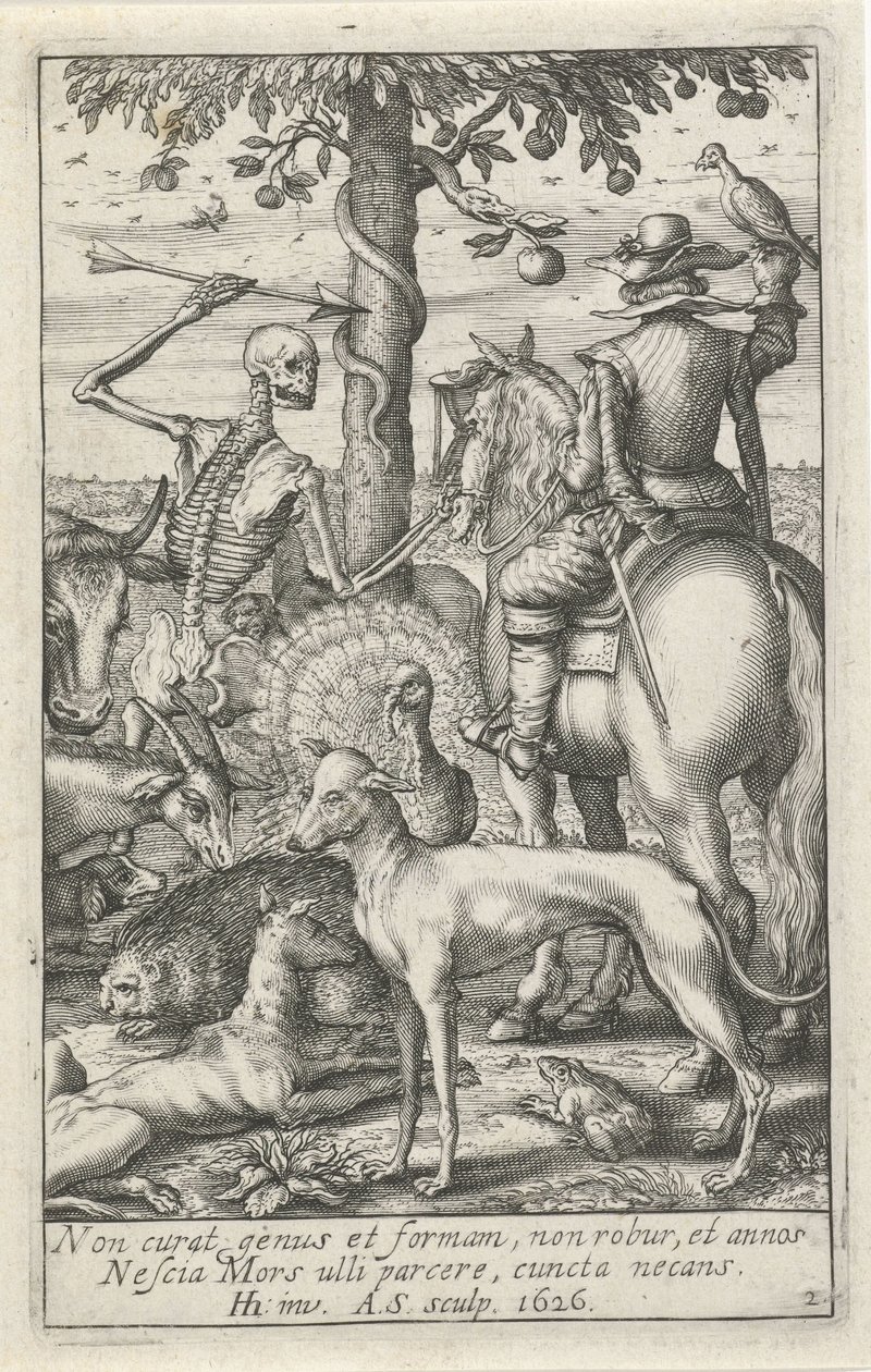 Skelet met pijl en valkenier, temidden van dieren door Andries Jacobsz. Stock