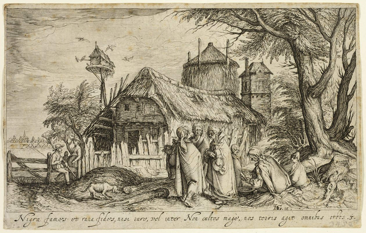 Landschap met zigeunervrouwen bij een boerderij door Andries Stock