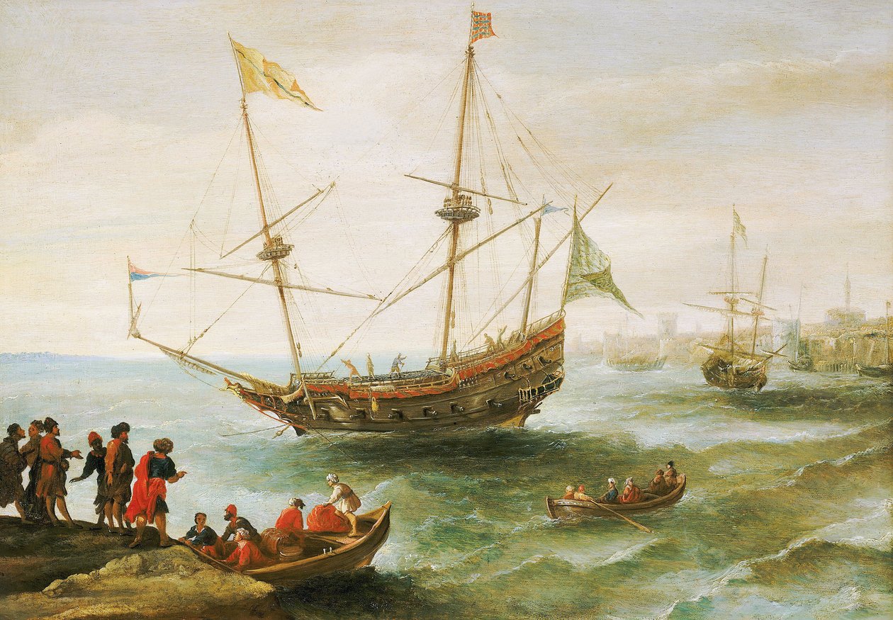 Een Algerijns schip in een haven in Barbarije door Andries van Eertvelt