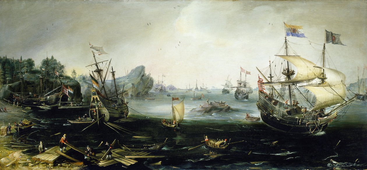 Nederlandse schepen laden een lading hout in een Scandinavisch fjord, door Andries van Eertvelt door Andries van Eertvelt