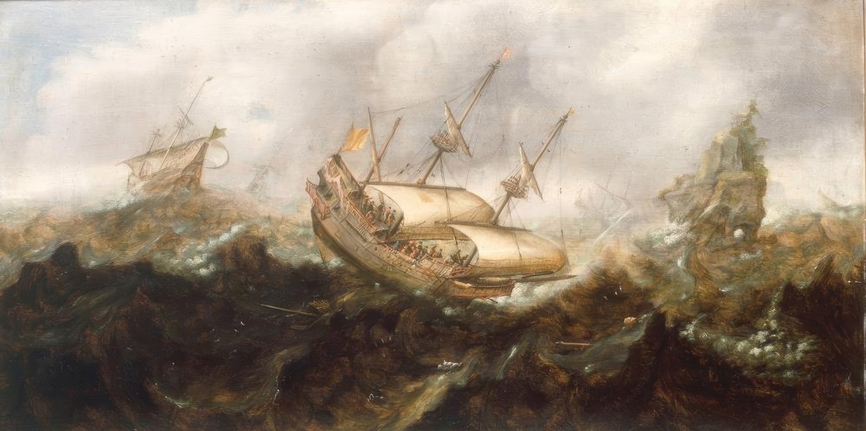 Schepen in stormachtige zee door Andries van Eertvelt