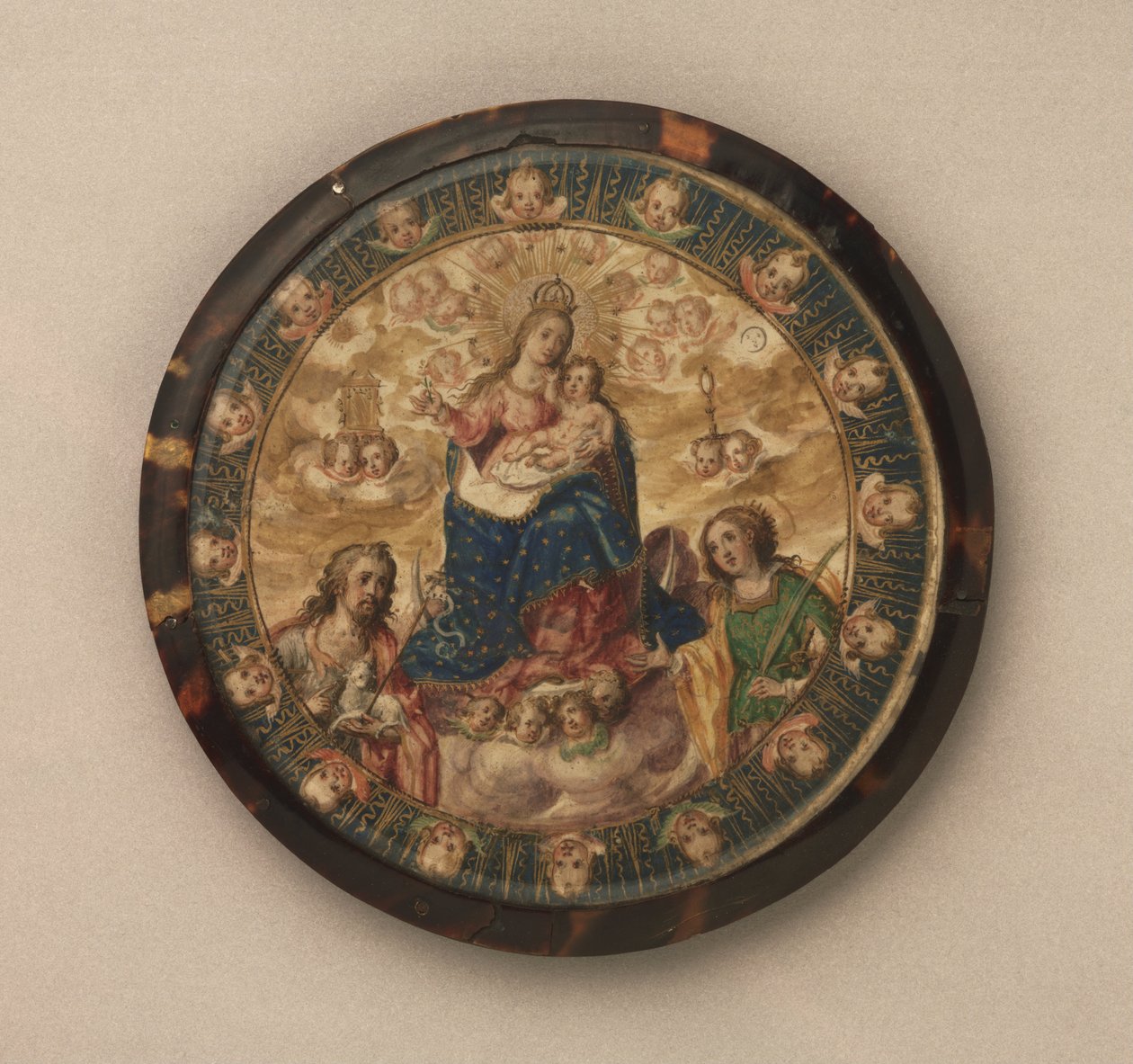 Nonnen Schild met de Maagd en Kind met Heiligen Johannes de Doper en Catharina van Alexandrië door Andrés Lagarto