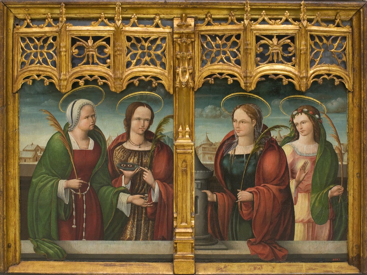 De heiligen Apollonia, Lucy en Barbara en een andere heilige martelaar door Andrés de Melgar