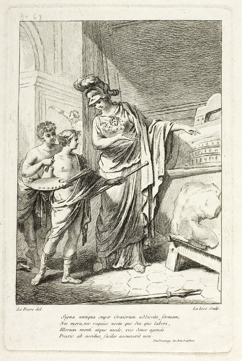 Minerva leert een jonge kunstenaar, illustratie voor de Catalogue historique du Cabinet door Mariette door Ange Laurent de Lalive de Jully