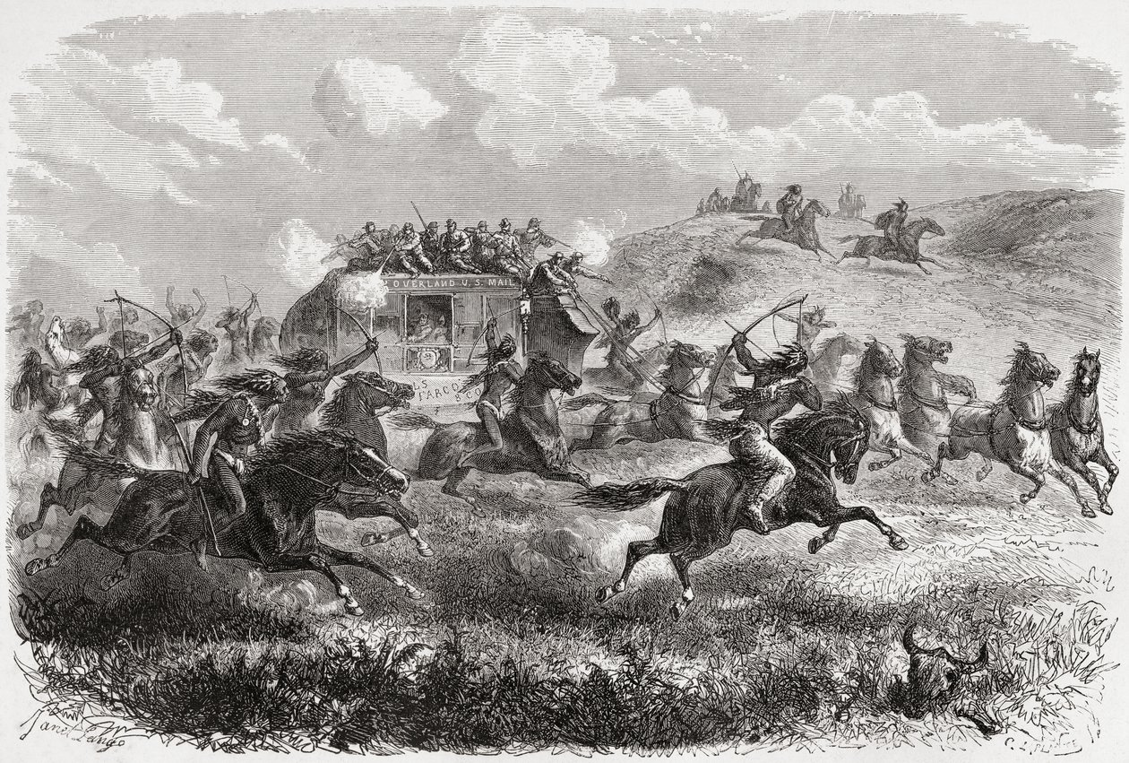 Indianen vallen een transcontinentale postkoets aan in 1867, illustratie uit 