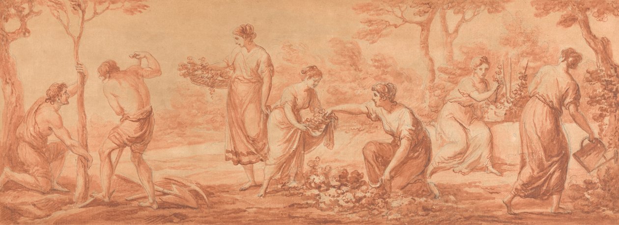 Een Fries: Mannen die Bomen Planten, Vrouwen die Bloemen Verzamelen en Bloemen Water Geven door Angelica Kauffmann