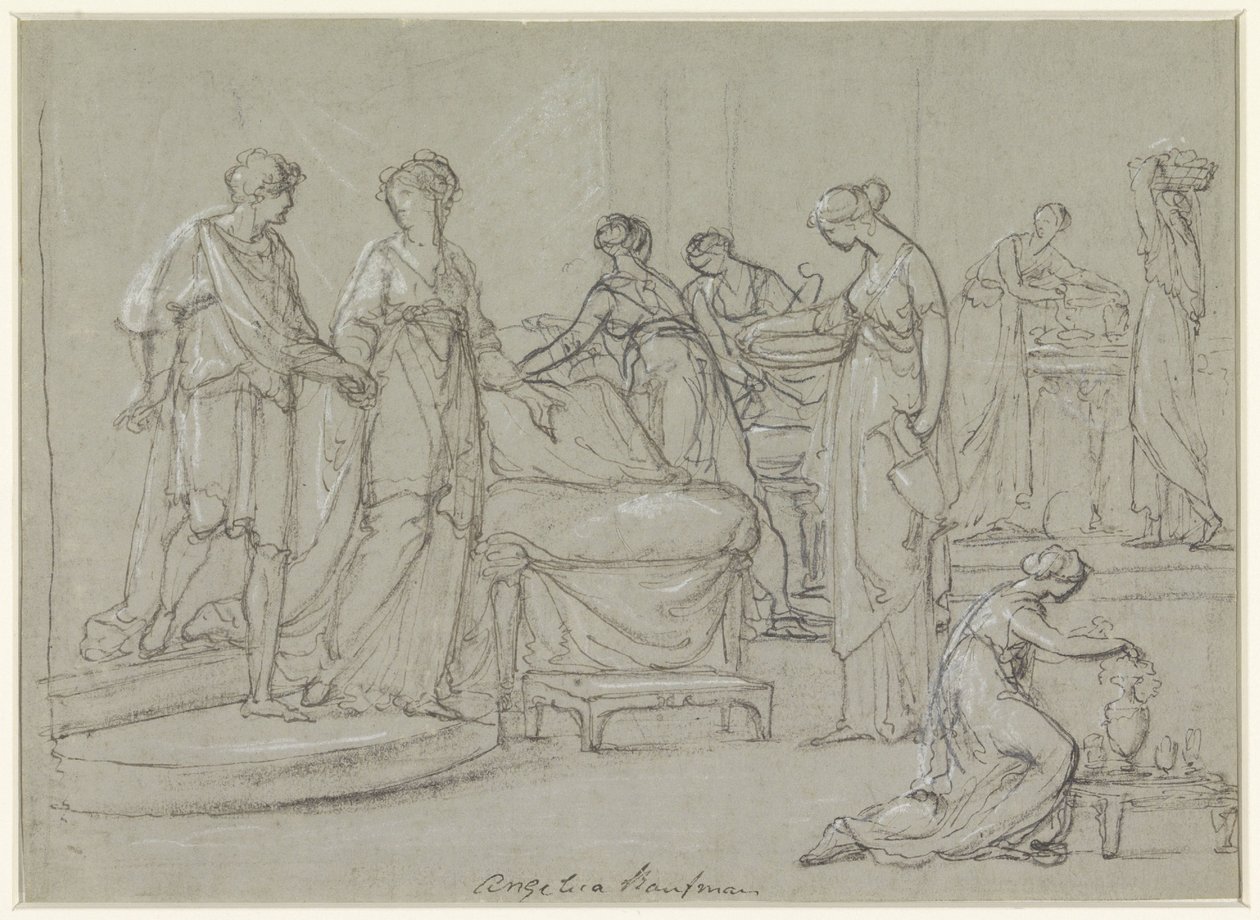 Bruid en bruidegom betreden een bruidsvertrek door Angelica Kauffmann