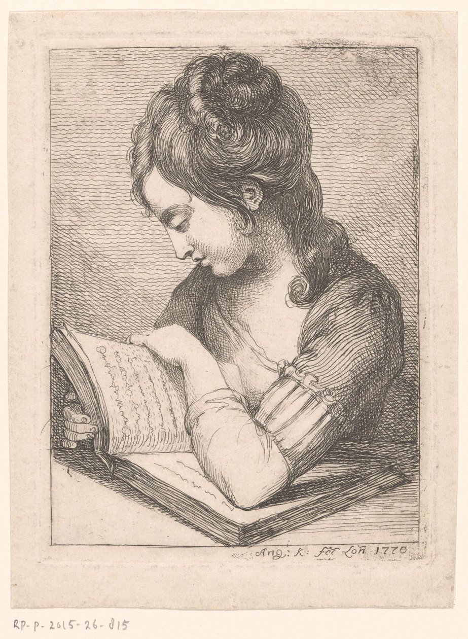 Lezende jonge vrouw aan een tafel, haar elleboog rustend op een boek door Angelica Kauffmann