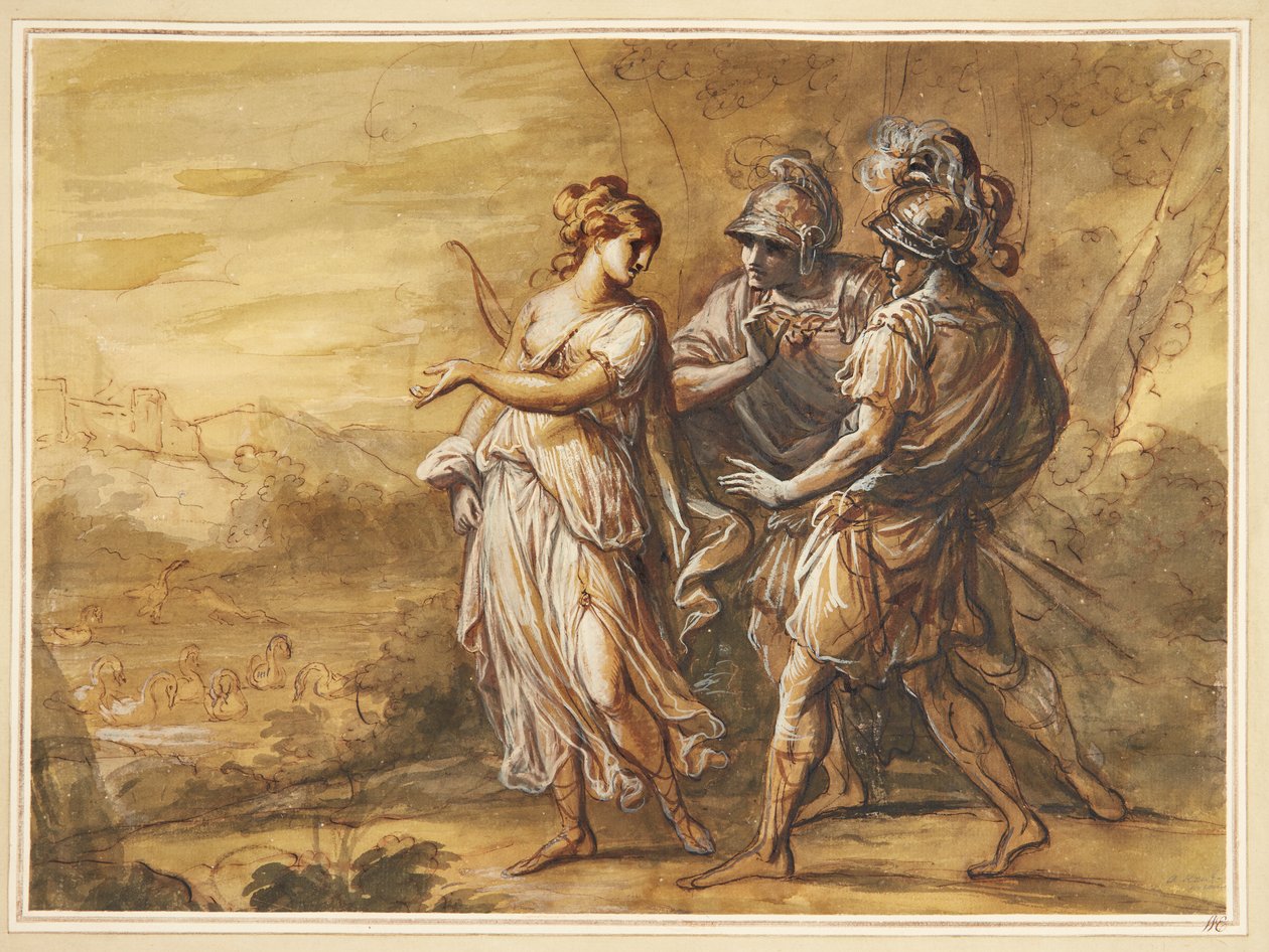 Mythologische Scene. Jonge Vrouw met Boog Keert zich naar Twee Gewapende Mannen door Angelica Kauffmann