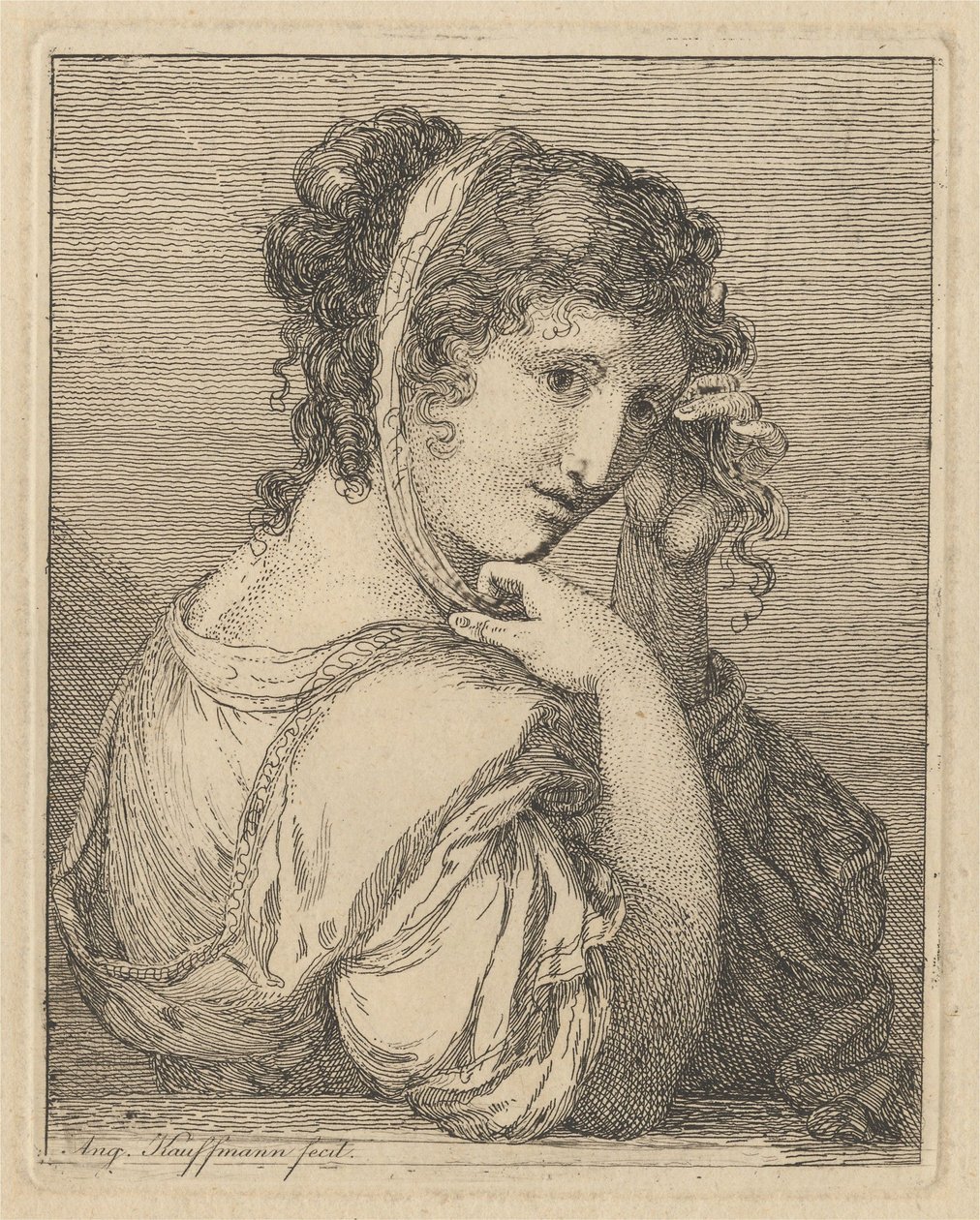 Vrouw die een strikje in haar haar rechtzet door Angelica Kauffmann