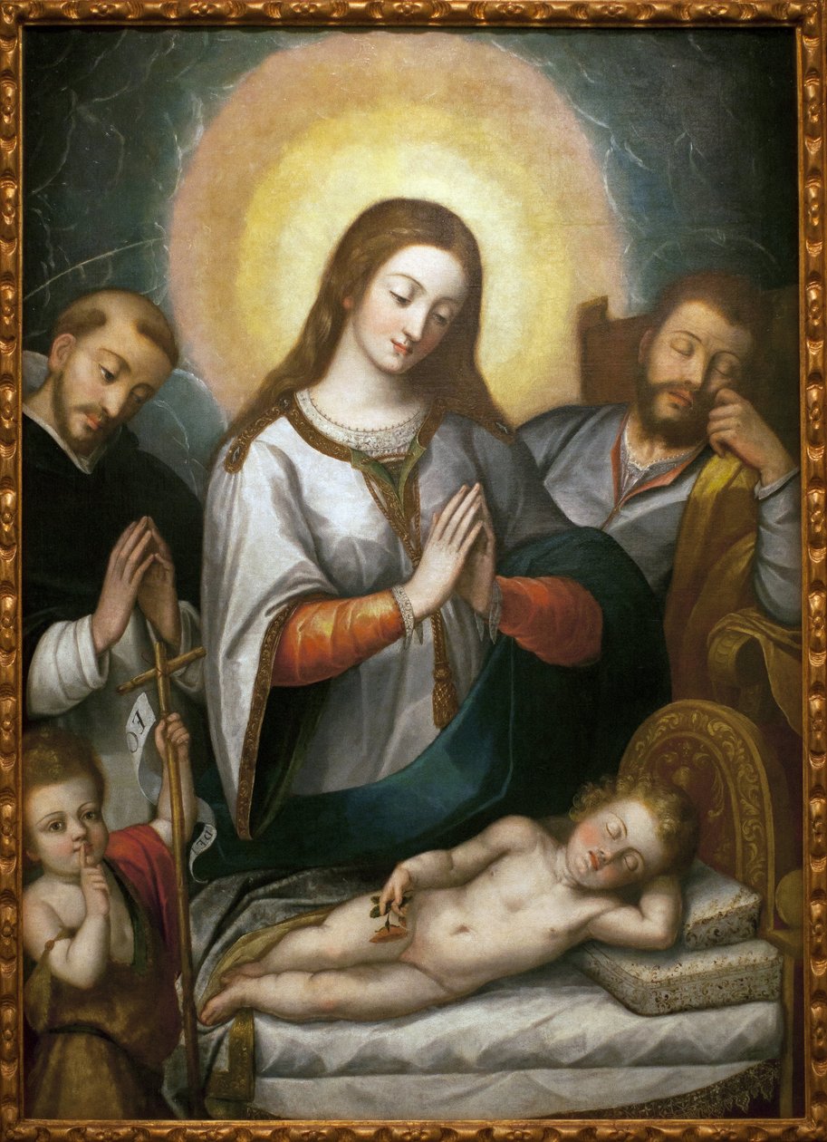 De Heilige Familie met Sint Johannes de Doper en Sint Dominicus door Angelino Medoro