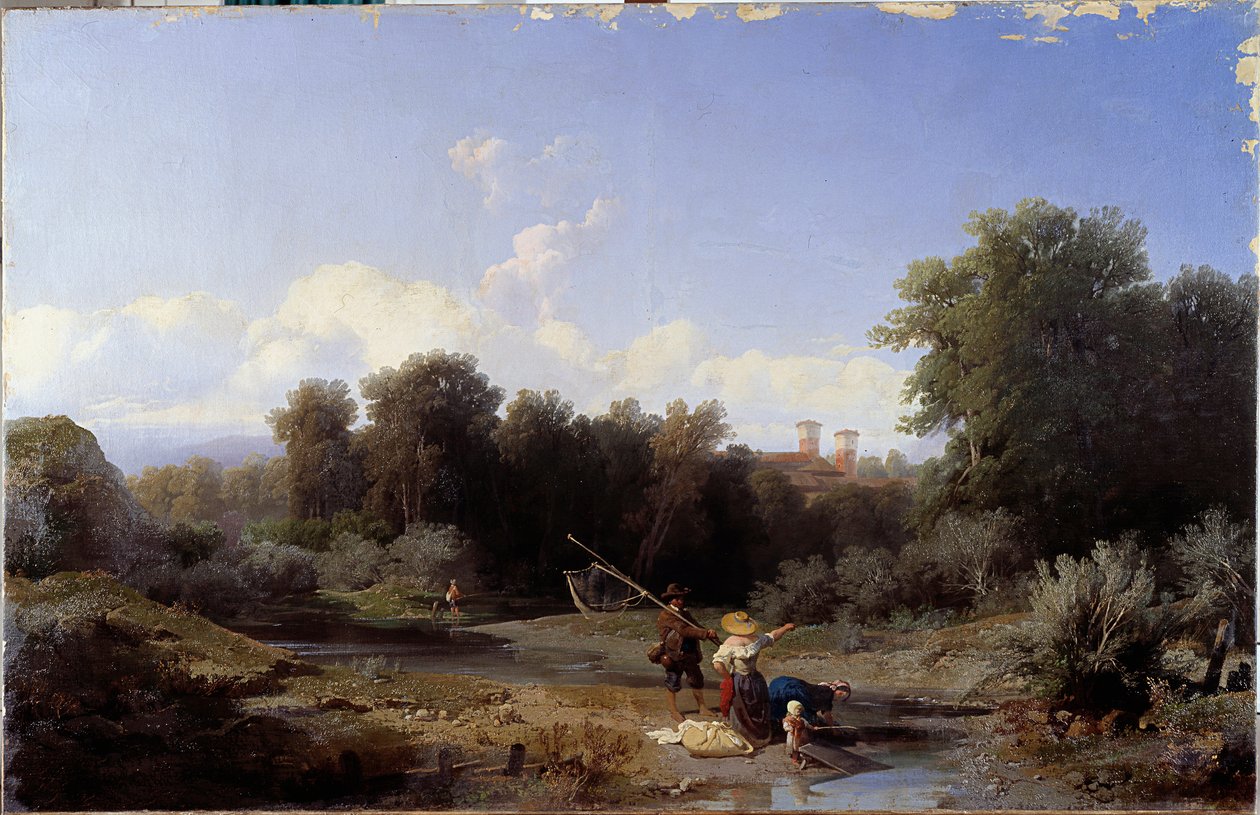 Landschap of Vissen in een rivier Schilderij door Angelo Beccaria (1820-1897) 1855 door Angelo Beccaria