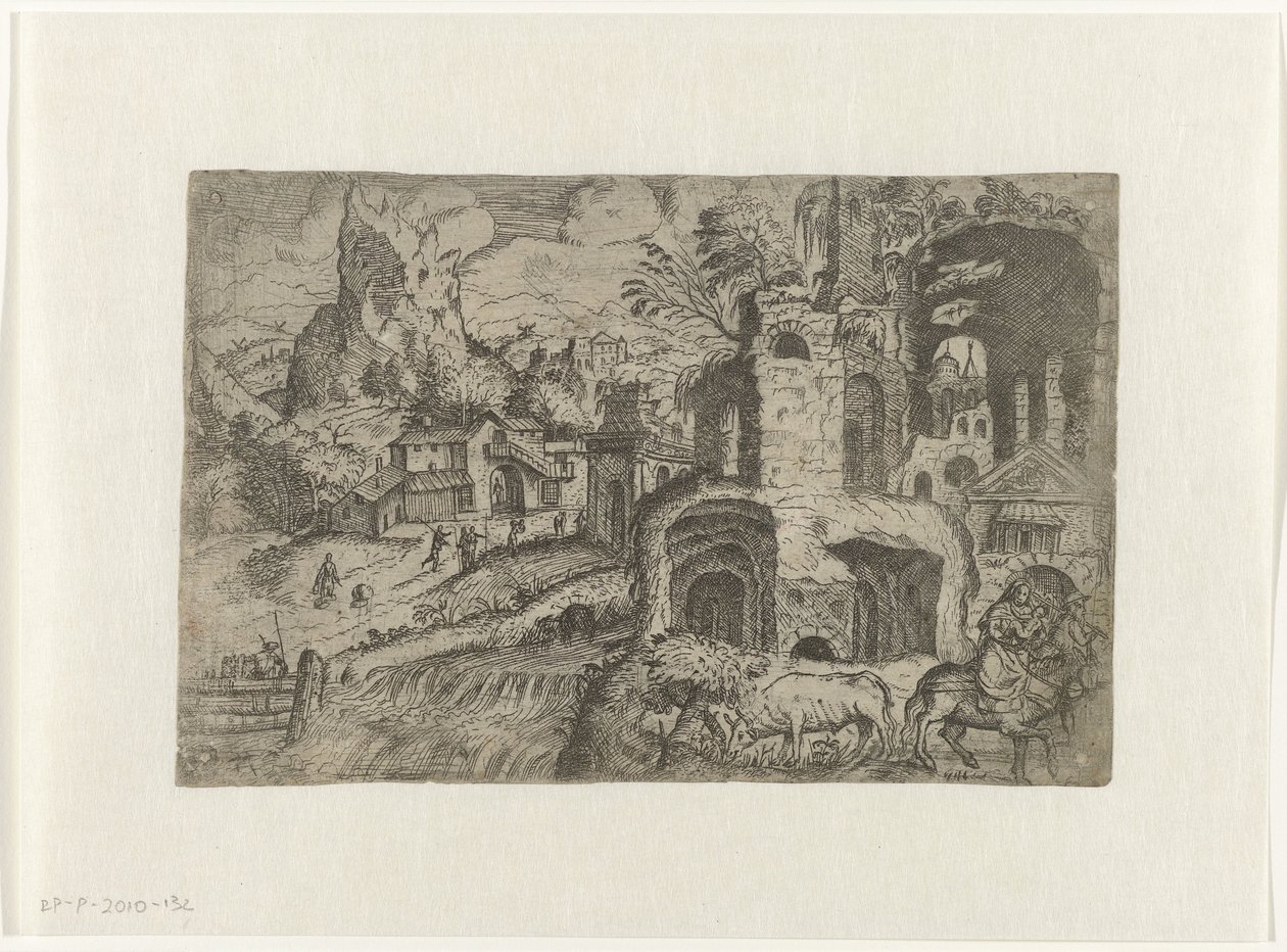 Landschap met Vlucht naar Egypte door Angelo Falconetto (attributed to)