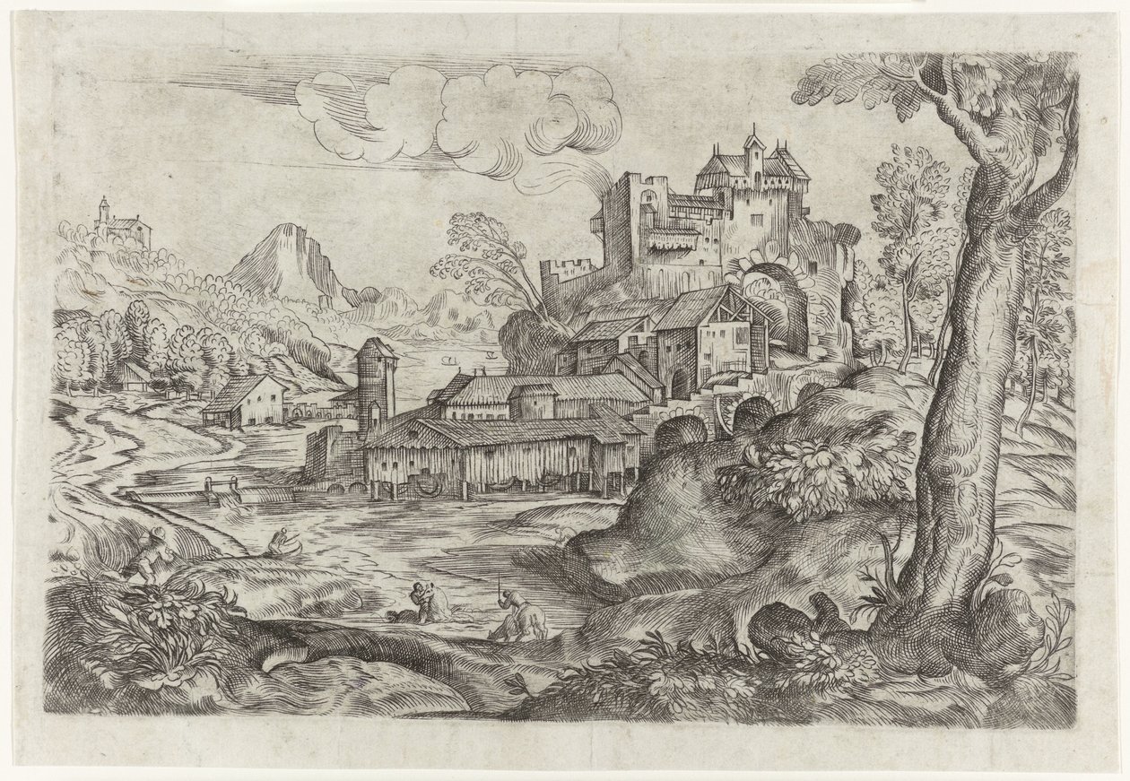 Landschap met rivier en kasteel door Angelo Falconetto (attributed to)