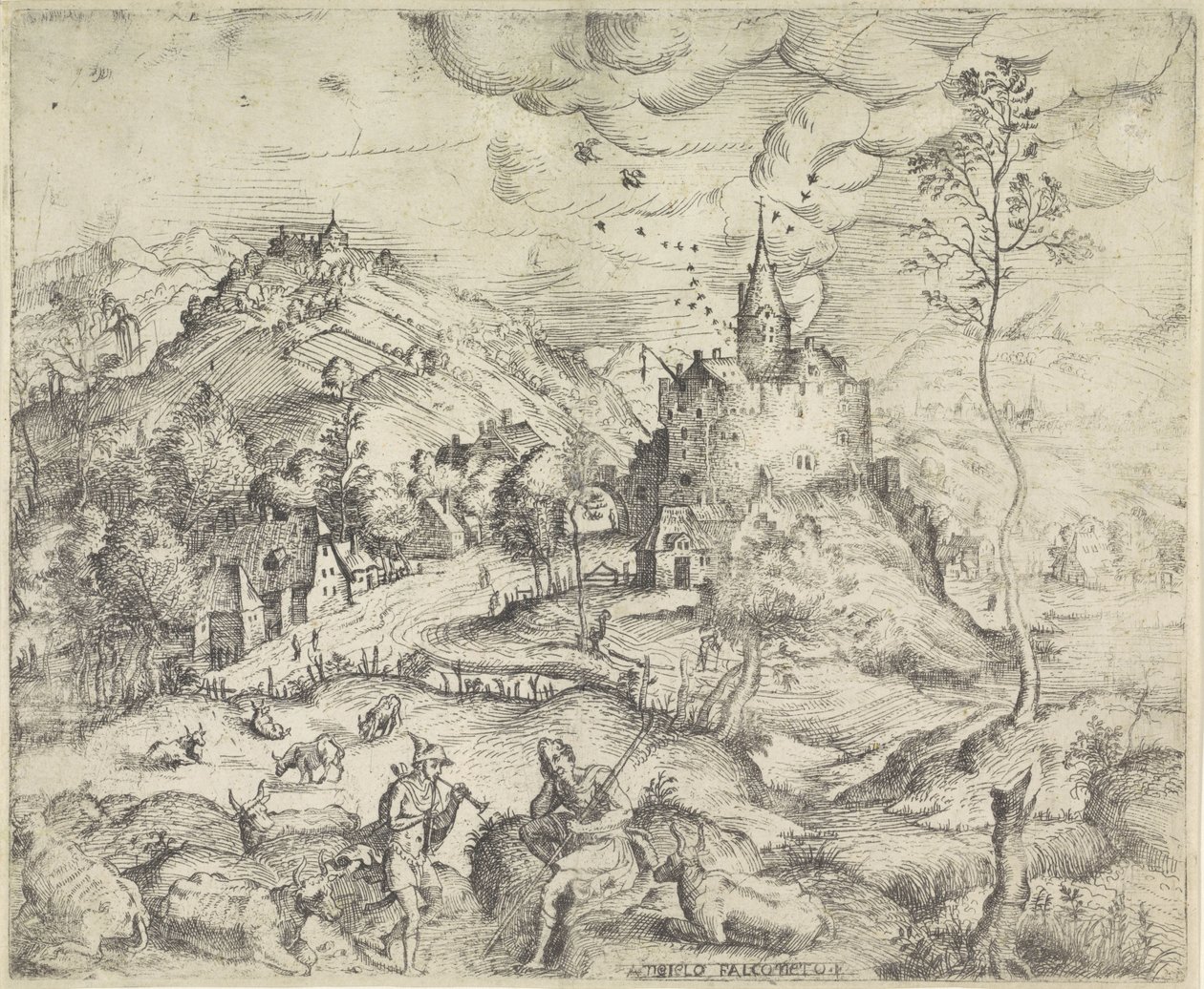 Landschap met Mercurius die de kudde van Apollo steelt door Angelo Falconetto