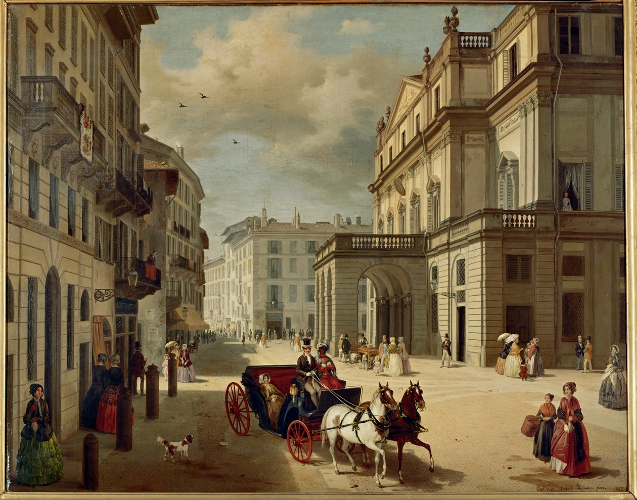 De gevel van het Teatro della Scala, Milaan, gebouwd door Giuseppe Piermarini (schilderij op doek) door Angelo Inganni