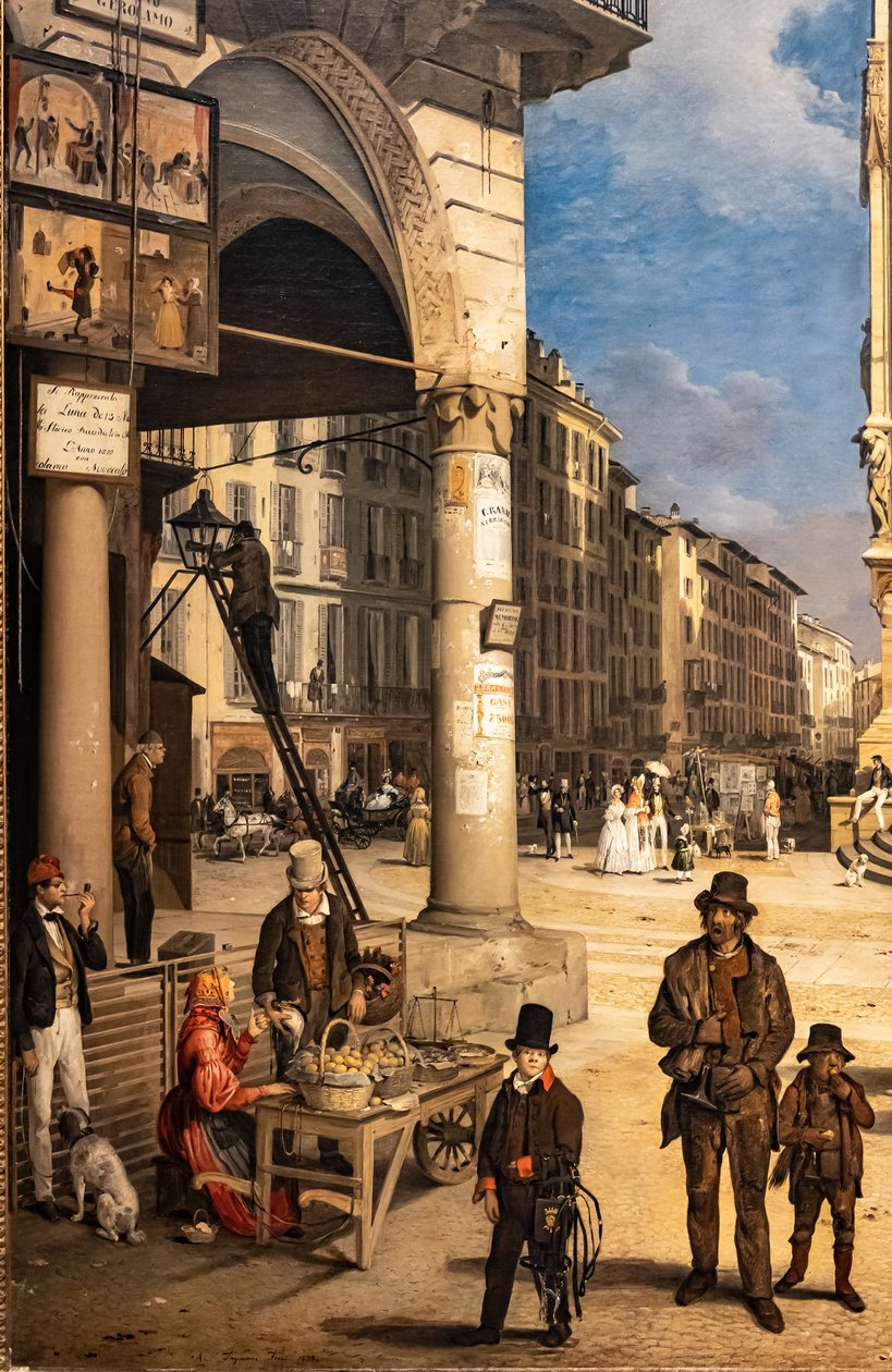 Uitzicht op de Duomo met de Coperto van Figini (detail) door Angelo Inganni