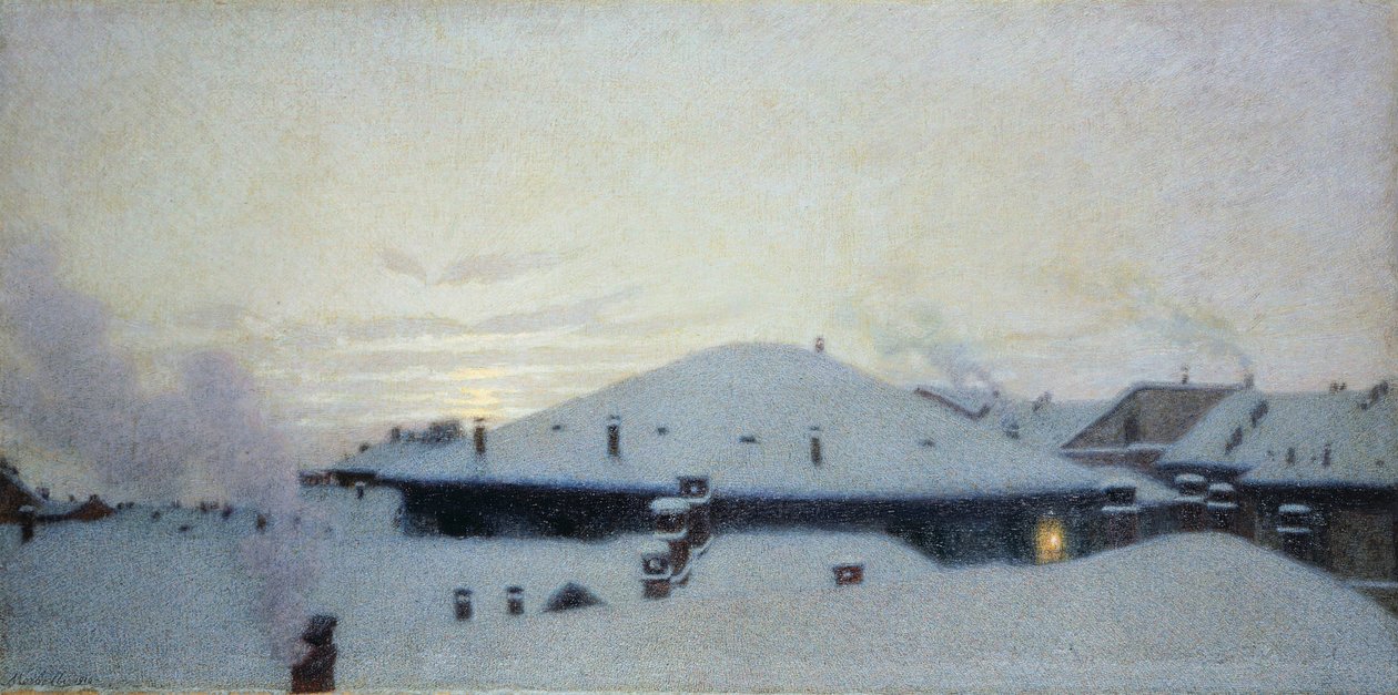 Daken in de sneeuw door Angelo Morbelli