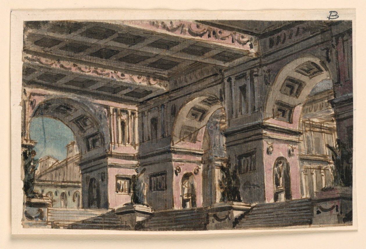 Toneelontwerp, paleisatrium door Angelo Toselli