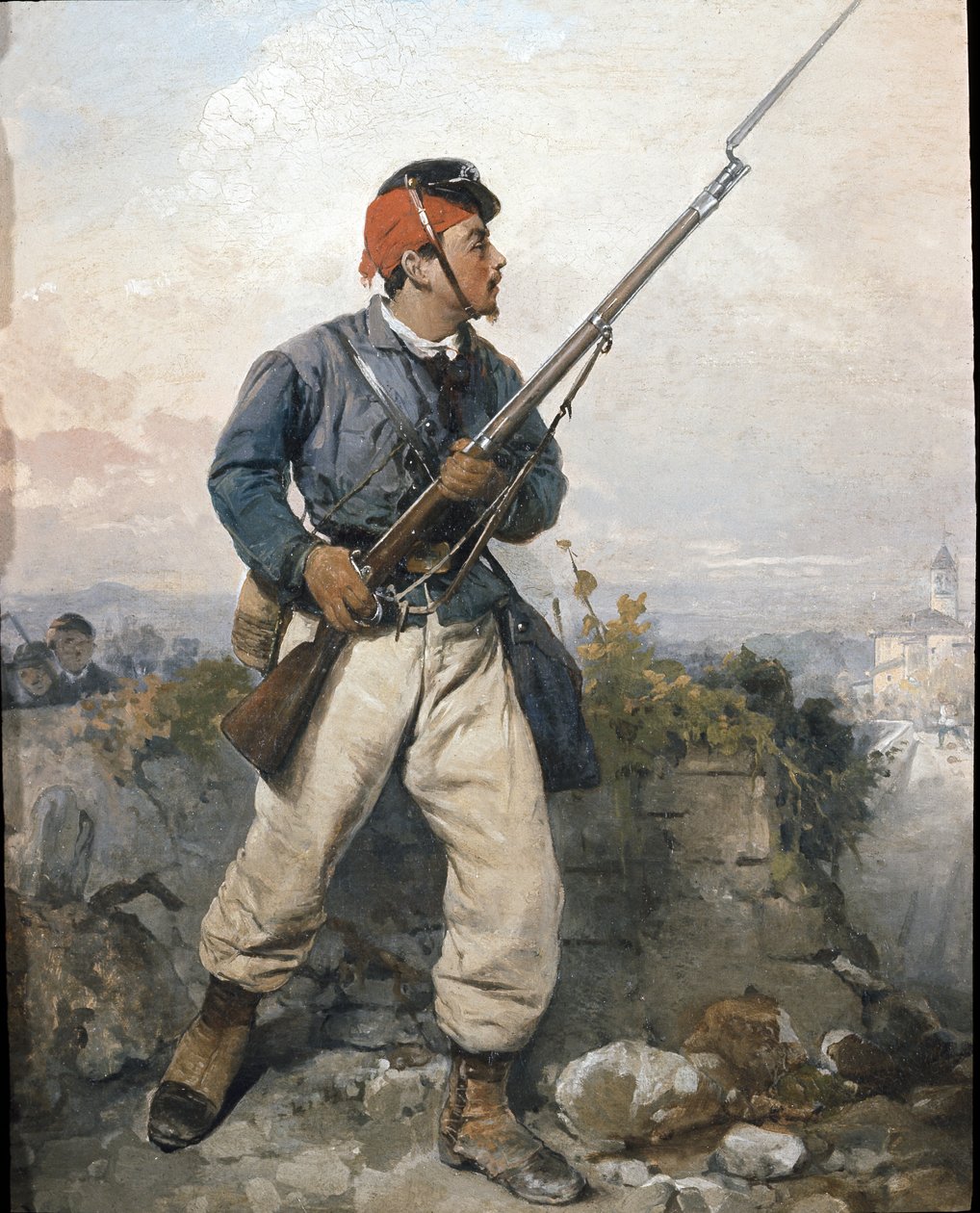 Soldaat van het garnizoen van het Garibaldiaanse leger van de "Jagers van de Alpen", omstreeks 1859 (olieverf op doek) door Angelo Trezzini