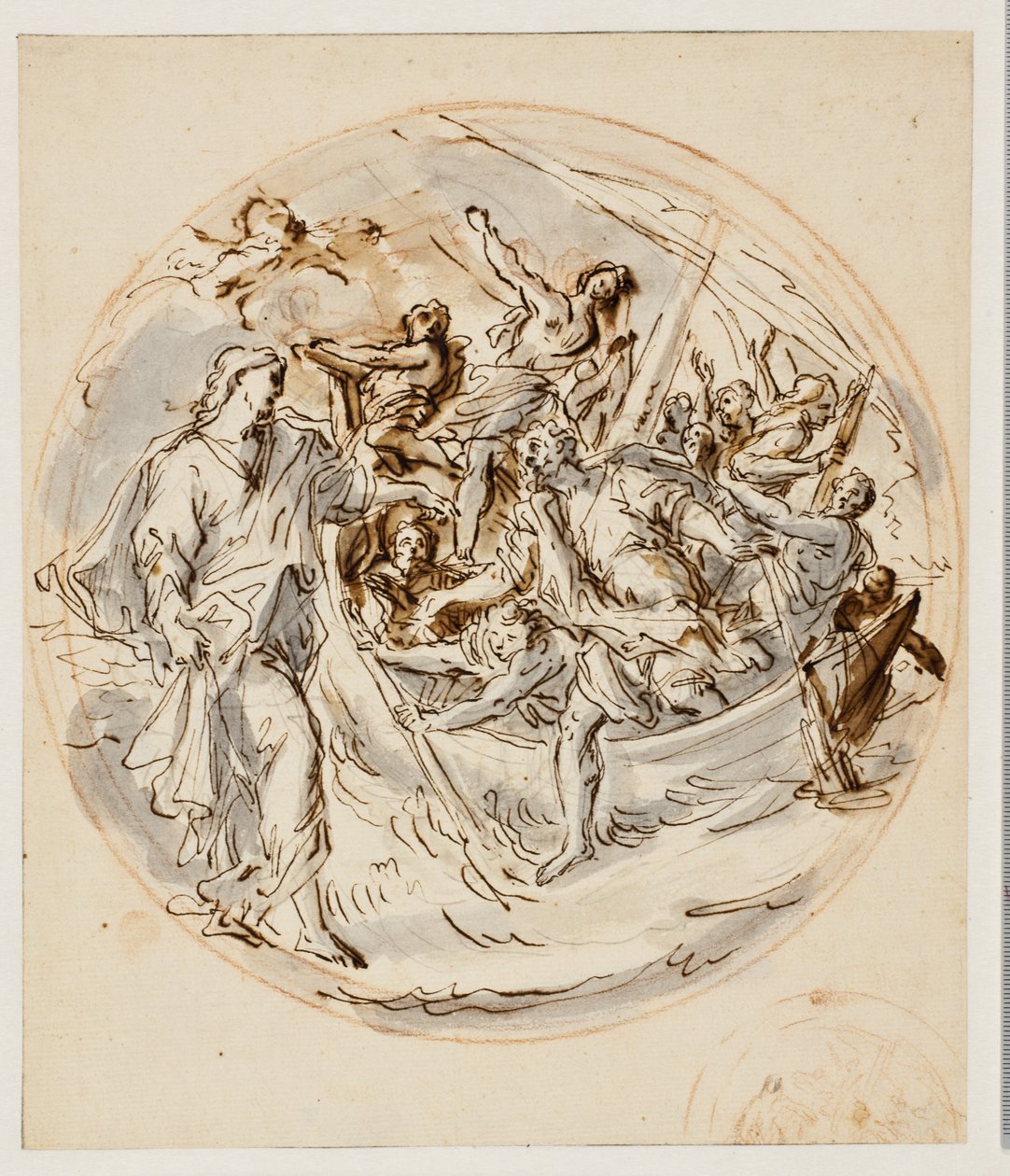 Tondo met Christus die Petrus opdraagt over het water te lopen, en een fragment van een kleinere schets voor hetzelfde door Angelo de