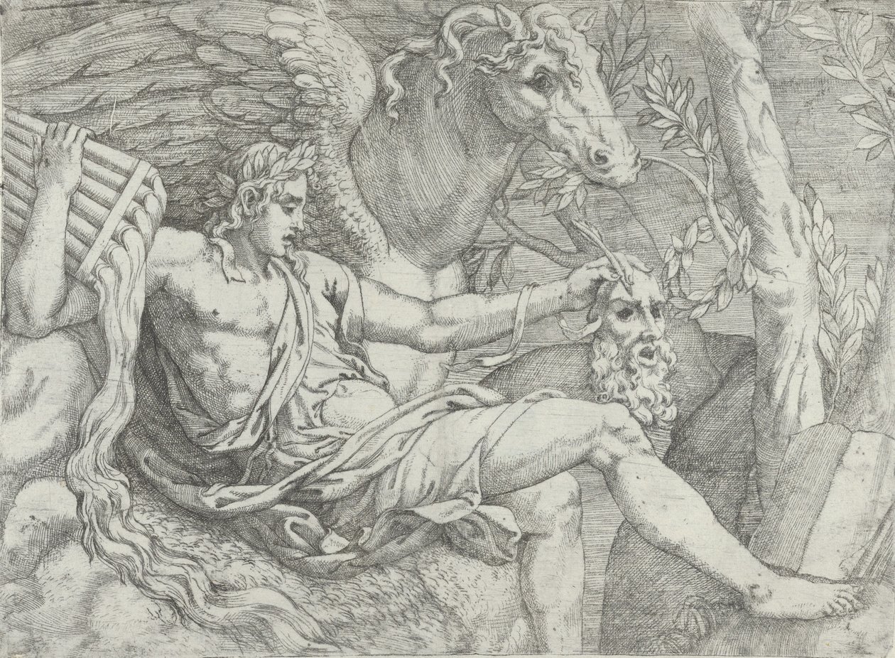 Apollo met Fluiten in Zijn Rechterhand Vergezeld door Pegasus door Angiolo Falconetto