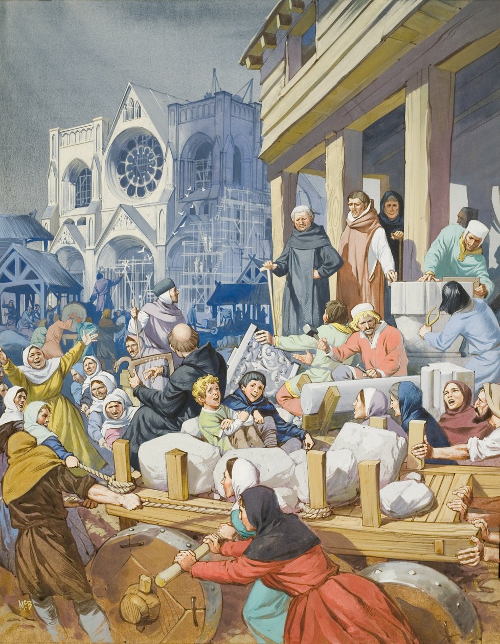 Abt Suger (ca.1081-1151) en de bouw van de abdij van St Denis (gouache op papier) door Angus McBride