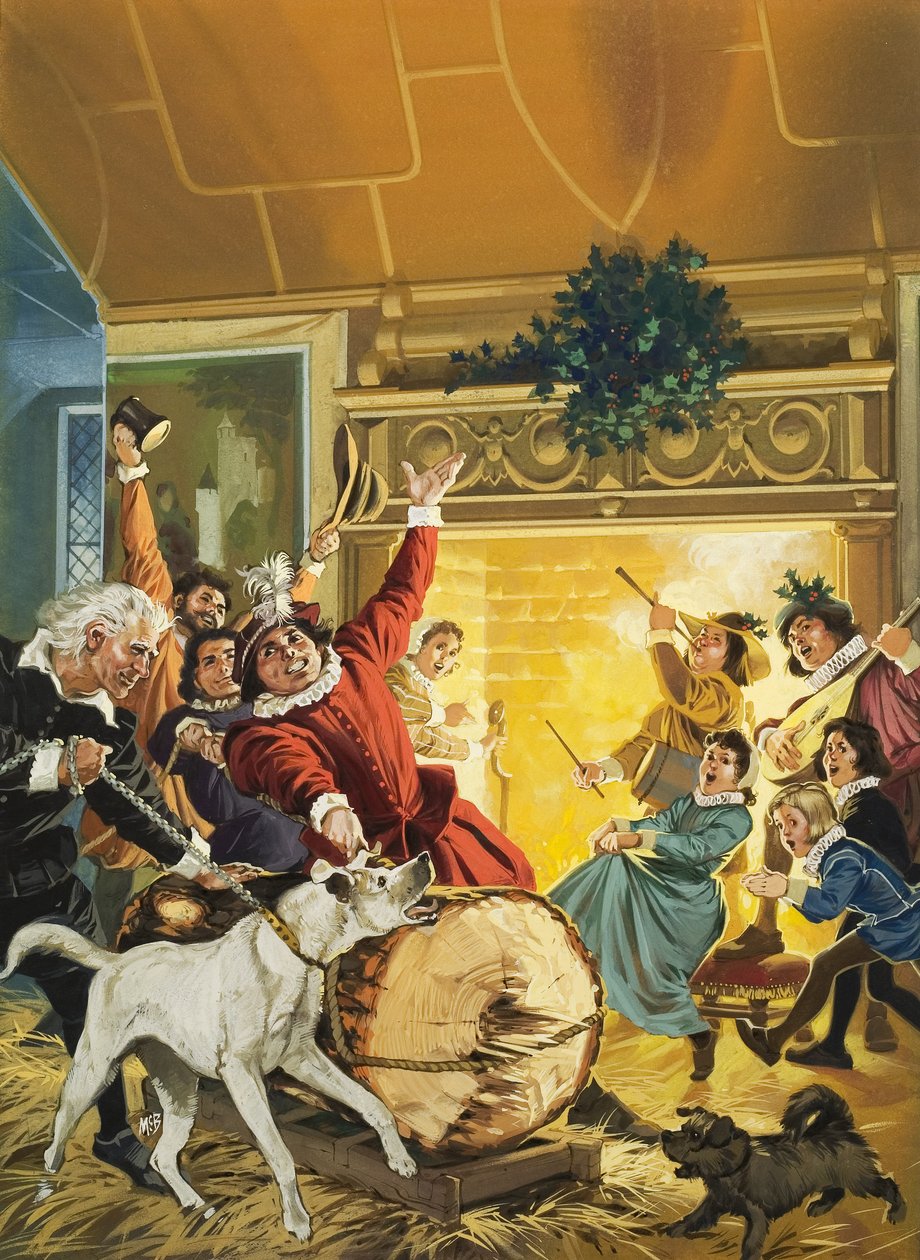 Het binnenbrengen van de Yule Log (gouache op papier) door Angus McBride