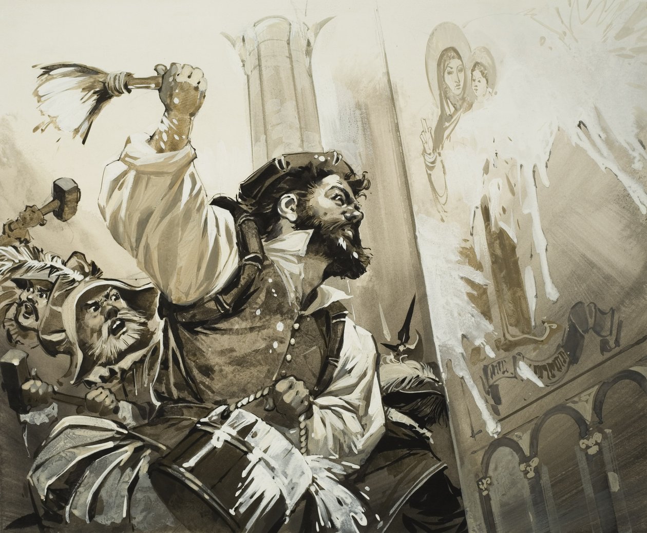 Fanatici bestormen de kerken van Bazel in protestants Zwitserland (gouache op papier) door Angus McBride