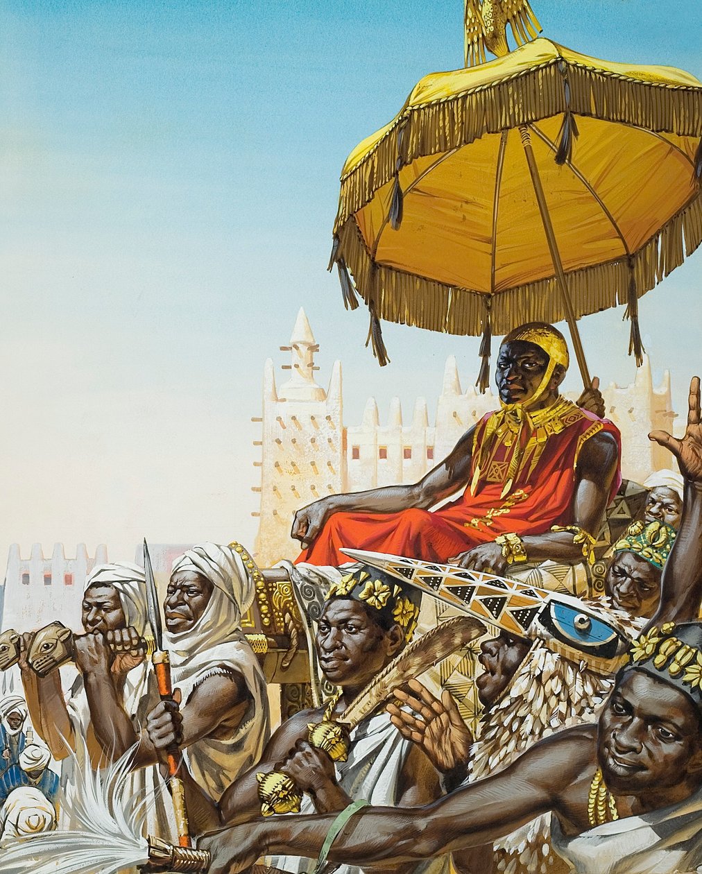 Mansa Kankan Musa I, 14e eeuwse koning van het Malinese rijk (gouache op papier) door Angus McBride