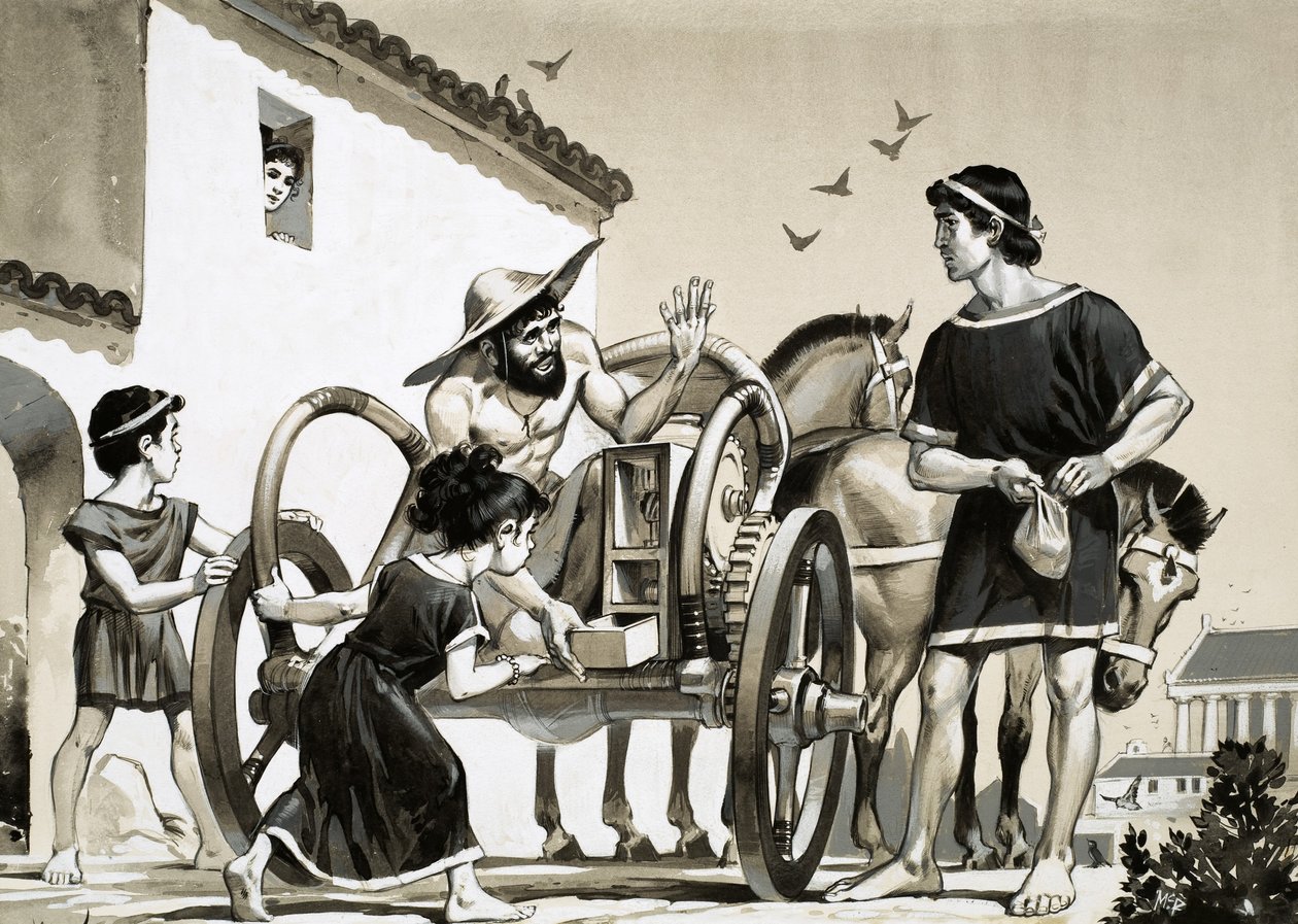 Koopman die spullen verkoopt op de rug van een strijdwagen in de Romeinse tijd door Angus McBride