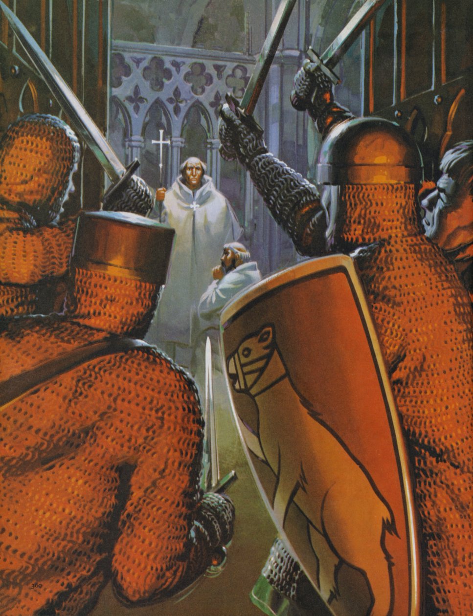 De moord op Thomas A Becket in de kathedraal van Canterbury (kleurenlitho) door Angus McBride