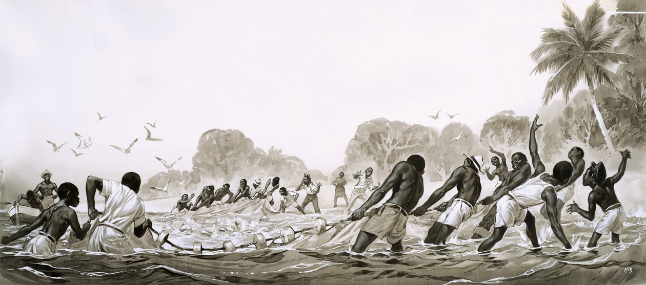 Inheemse bewoners van het Caribisch gebied gebruiken netten om de zeeën te bevissen door Angus McBride