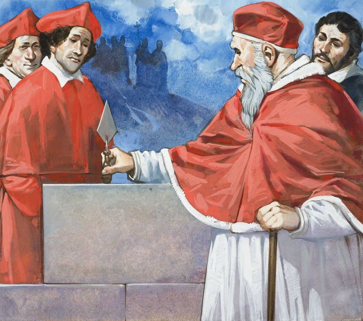 Paus Julius II (1443-1513) Het leggen van de hoeksteen van de Sint Pieter in 1506 (gouache op papier) door Angus McBride