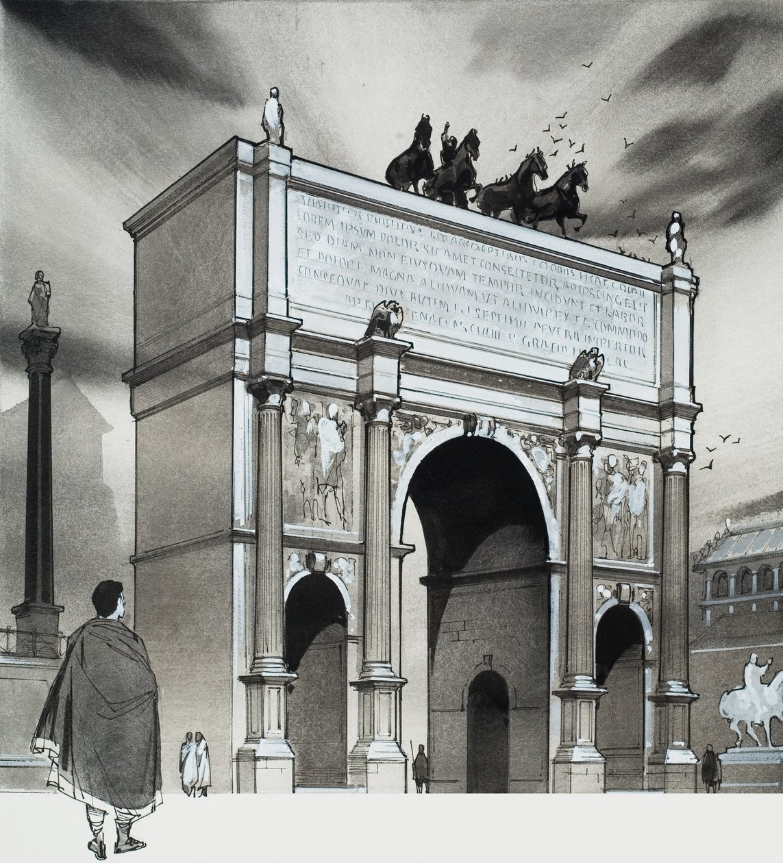 Triomfboog van keizer Lucius Septimius Severus, Rome (gouache op papier) door Angus McBride