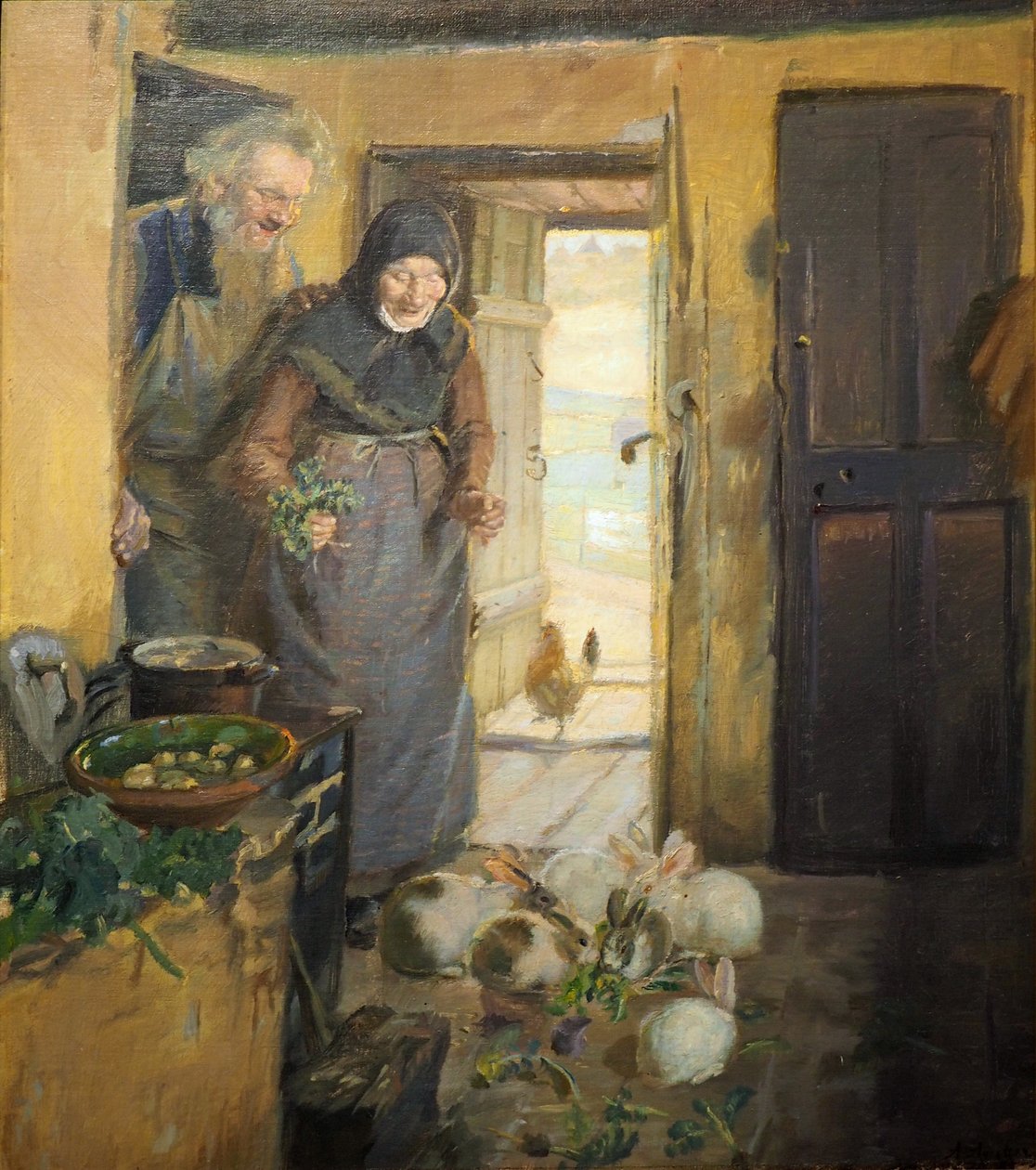 Oud paar met hazen door Anna Ancher