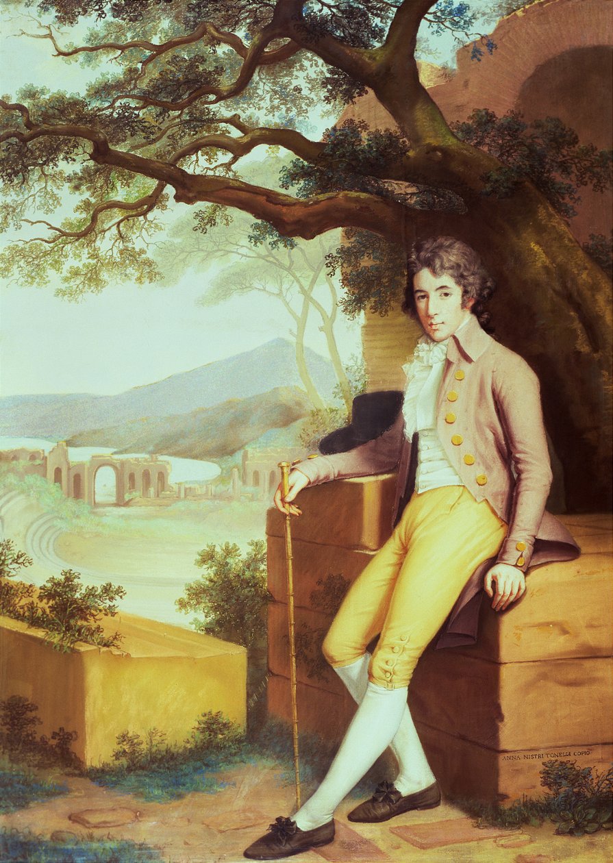 Portret van kolonel David La Touche van Marcey met het amfitheater van Taormina en Etna op de achtergrond door Anna Nistri Tonelli