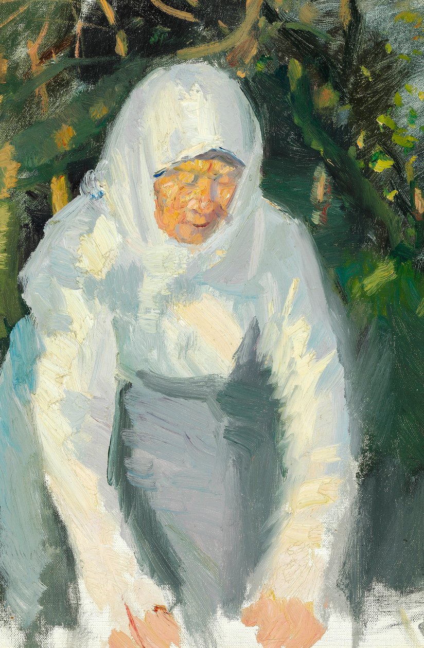 Vrouw uit Skagen met een witte sjaal. door Anna Ancher