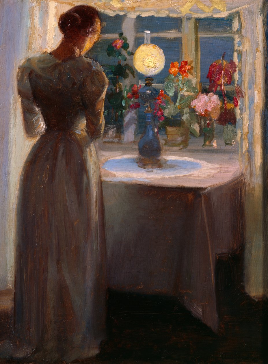 Jong meisje voor een lamp door Anna Kirstine Ancher