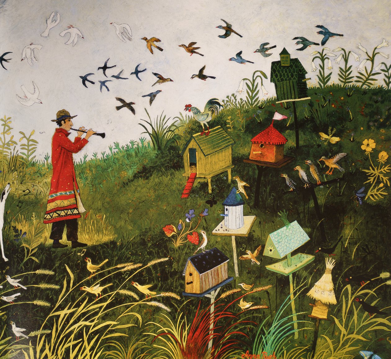 Vogelvanger met zwarte vogels, 2001 (acryl) door Anna Pugh