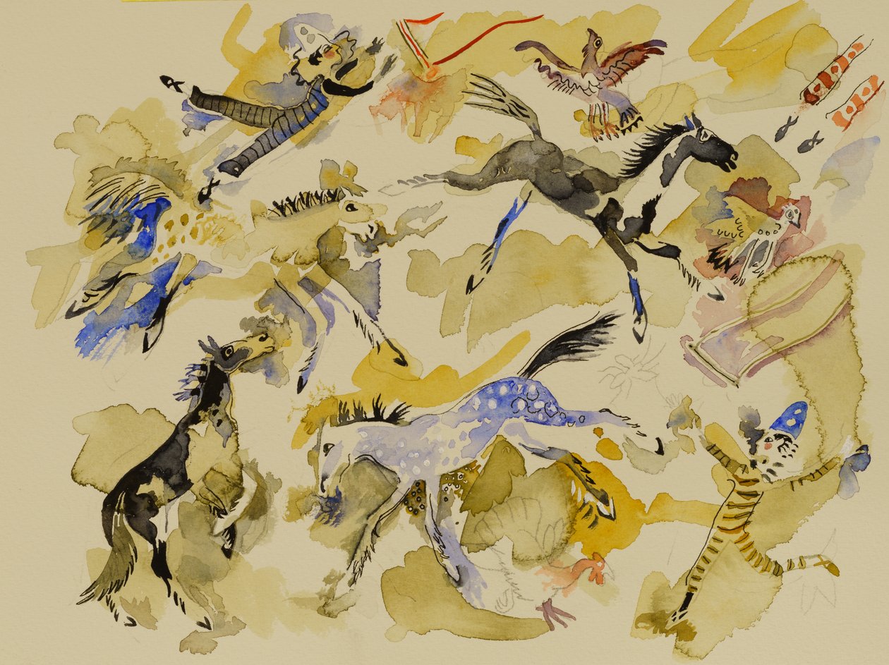 Paard en clowns, 2023 (aquarel) door Anna Pugh