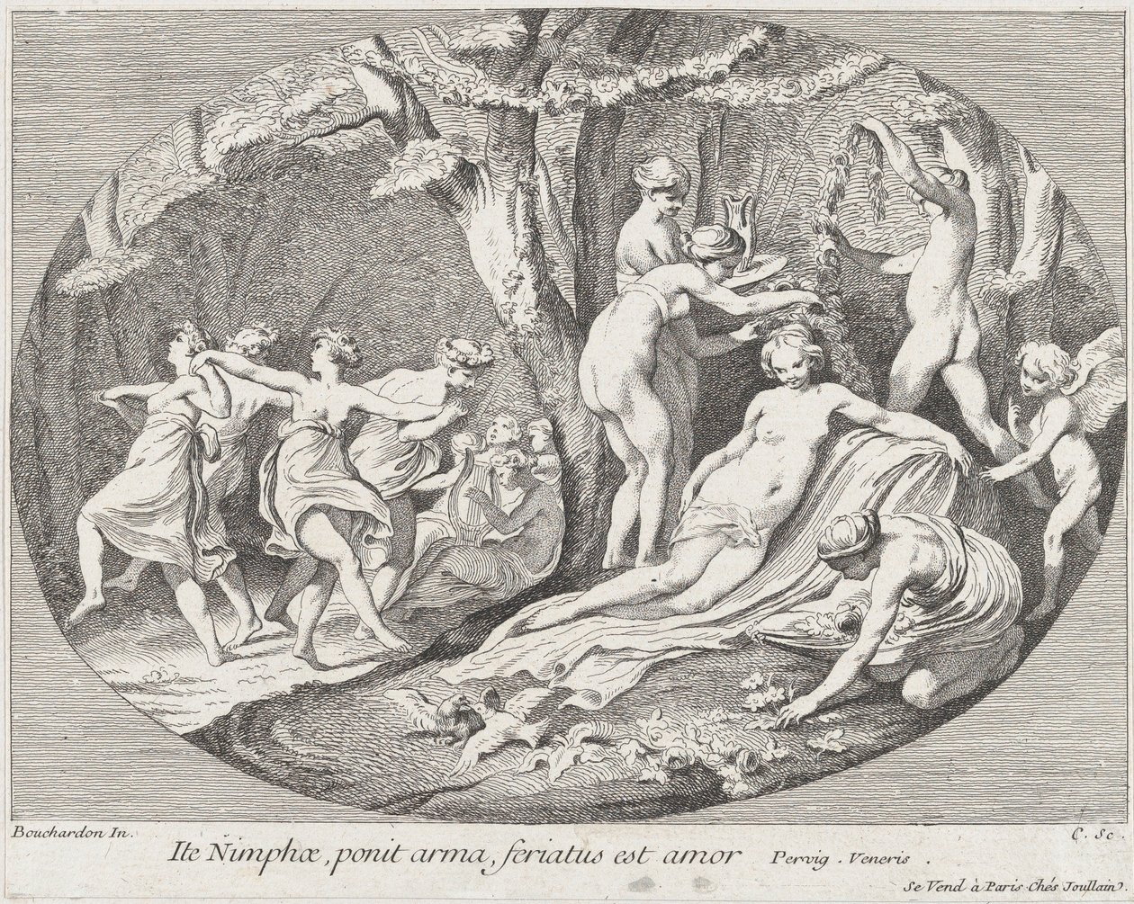 Ga Nimfen, die hun wapens neerleggen, Liefde rust!, 1730-60 door Anne Claude Philippe de Caylus