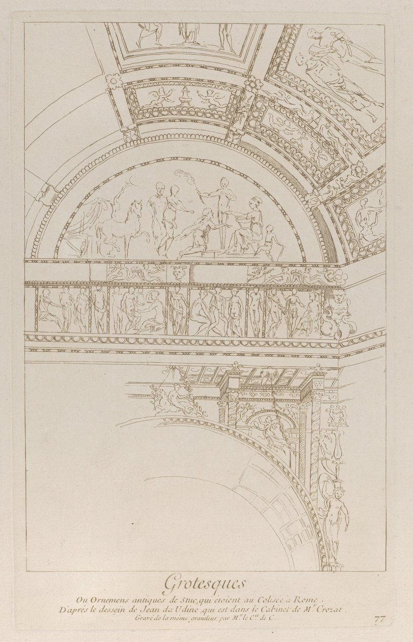 Grillige versieringen: detail van de stucwerkreliëfs die het Colosseum in Rome versieren, ca. 1729 door Anne Claude Philippe de Caylus