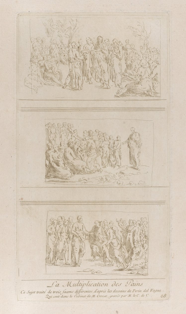 Drie afzonderlijke studies voor de wonderen van de broden, met Christus staand in d..., ca. 1729-40 door Anne Claude Philippe de Caylus