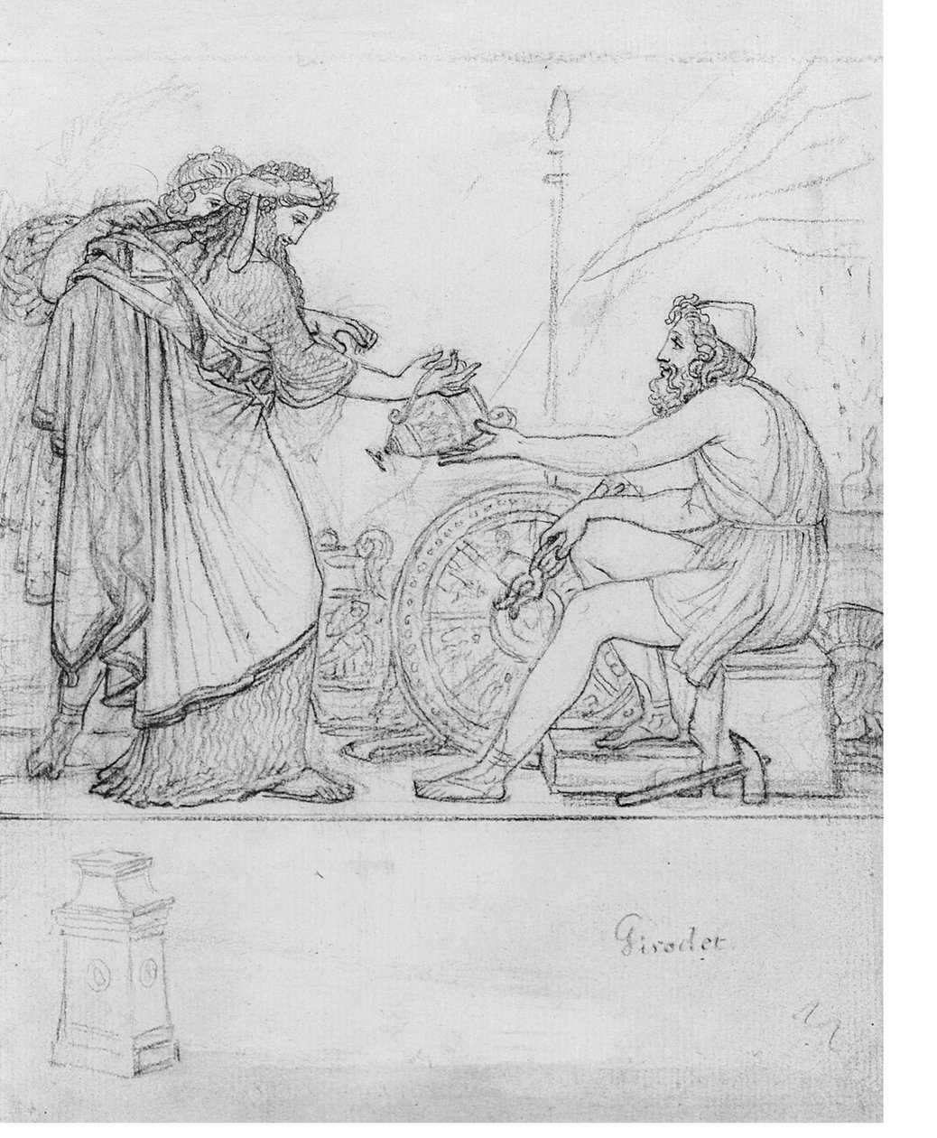 Anacreon ontvangt een zilveren vaas van twee staande figuren, met een studie van een stele: Een illustratie bij Anacreon