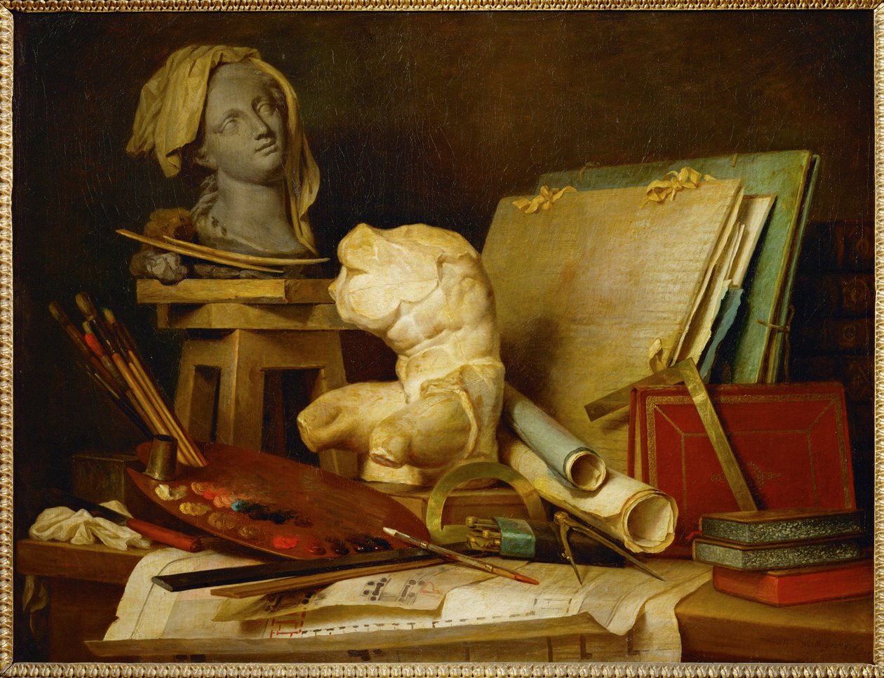 De attributen van schilderkunst, beeldhouwkunst en ... door Anne Vallayer Coster